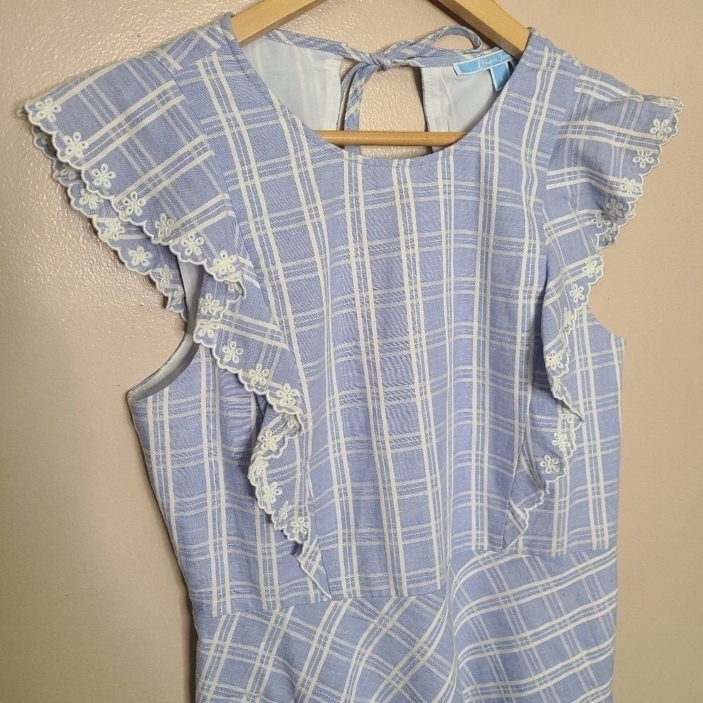 Draper James Blue White Windowpane Plaid Linen Dress - Picture 3 of 9